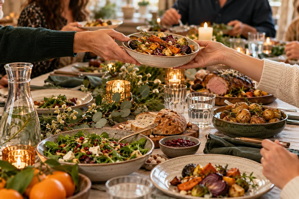 Mesa festiva com legumes, pratos para partilhar e uma jarra de água