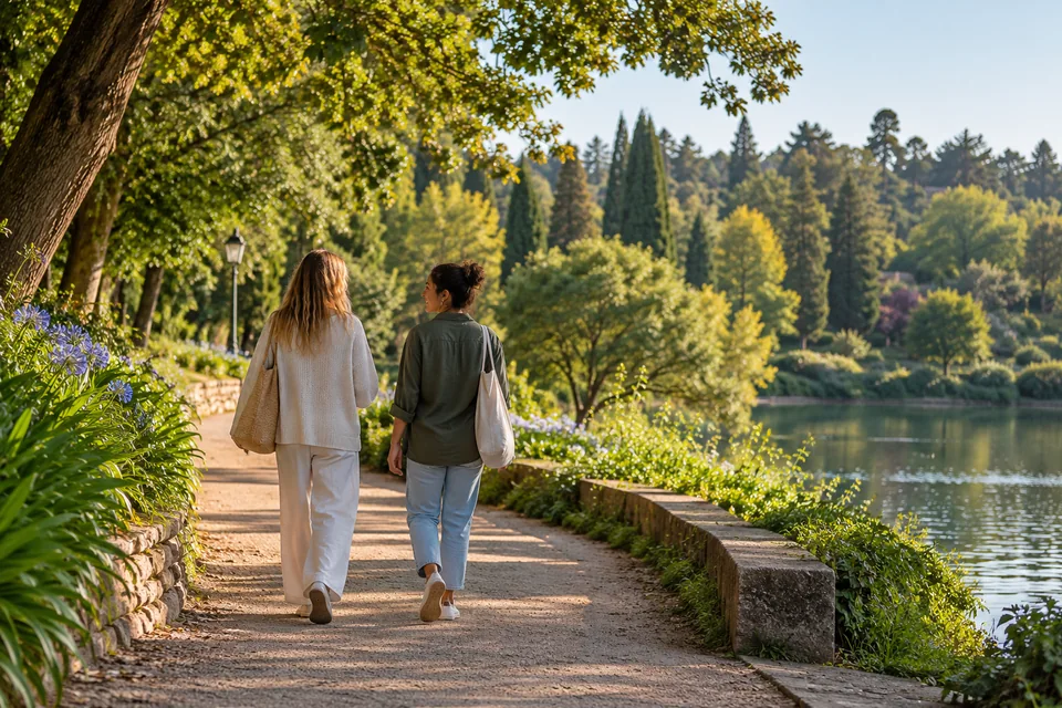 Passeio em conjunto num caminho verde de um parque