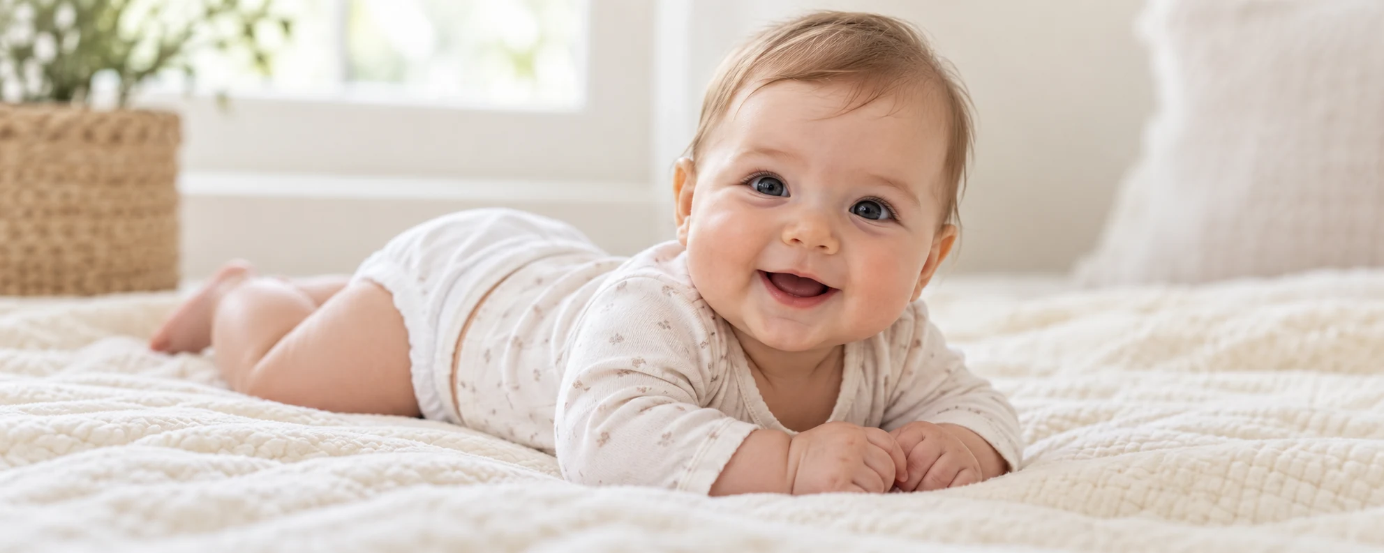 Bebé com roupa clara sobre uma manta